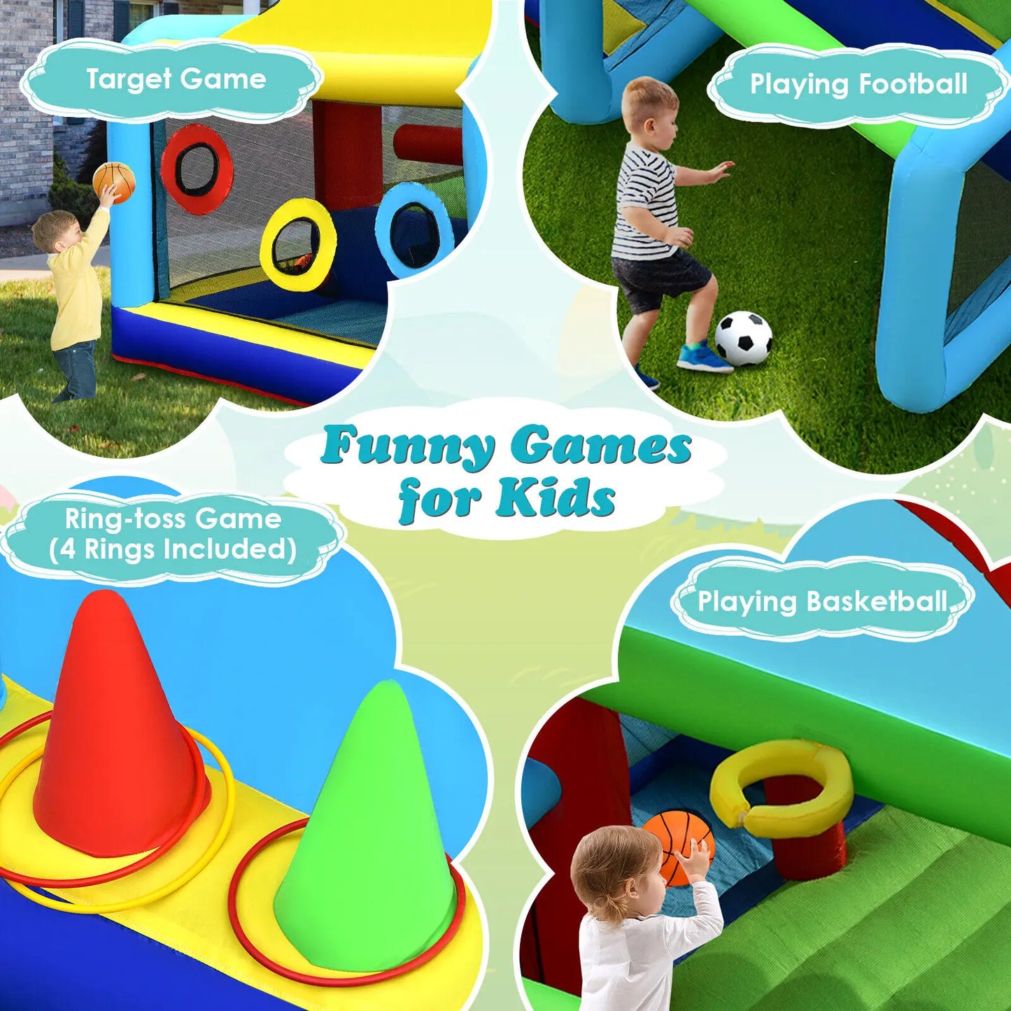 Inflatable Bounce House for Kids Bouncy Jumping Castle with Dual Slides and Sports Games Without Blower