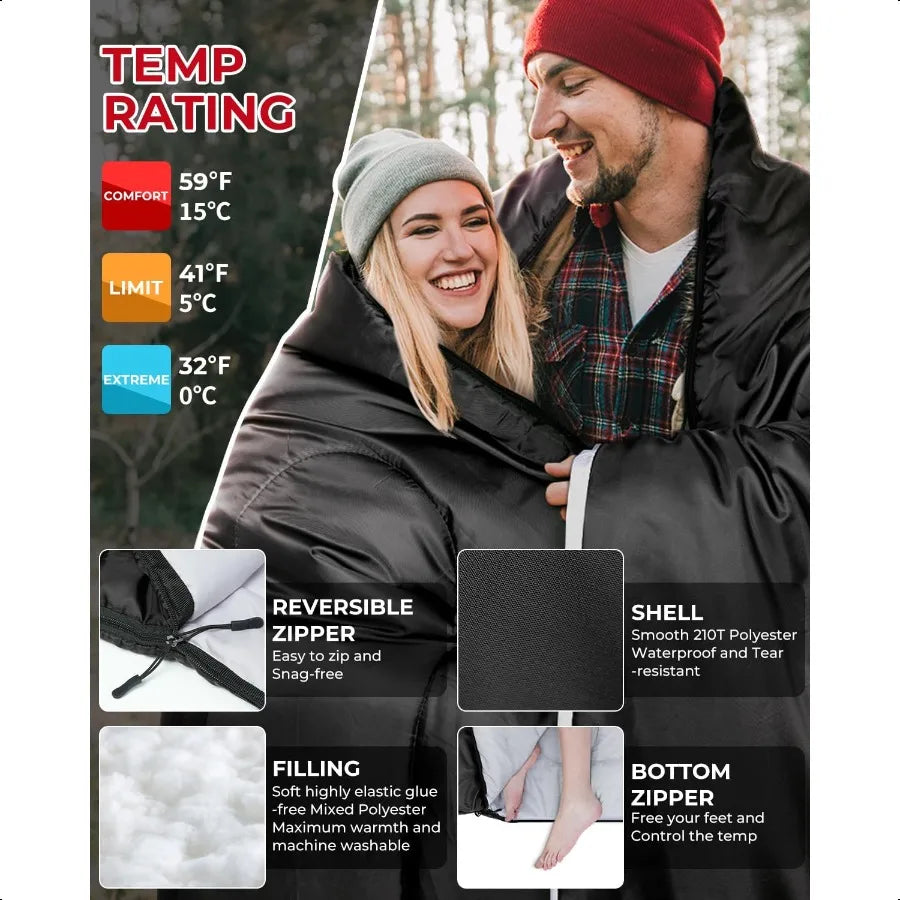 Double Sleeping Bag Queen Size 2 Person 3 Season Camping