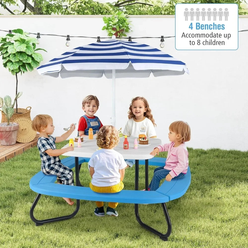 Kids Picnic Table, 8 Person Toddler Outdoor Table and Chair Set, 4 Built-in Benches, Removable Umbrella, Metal Frame