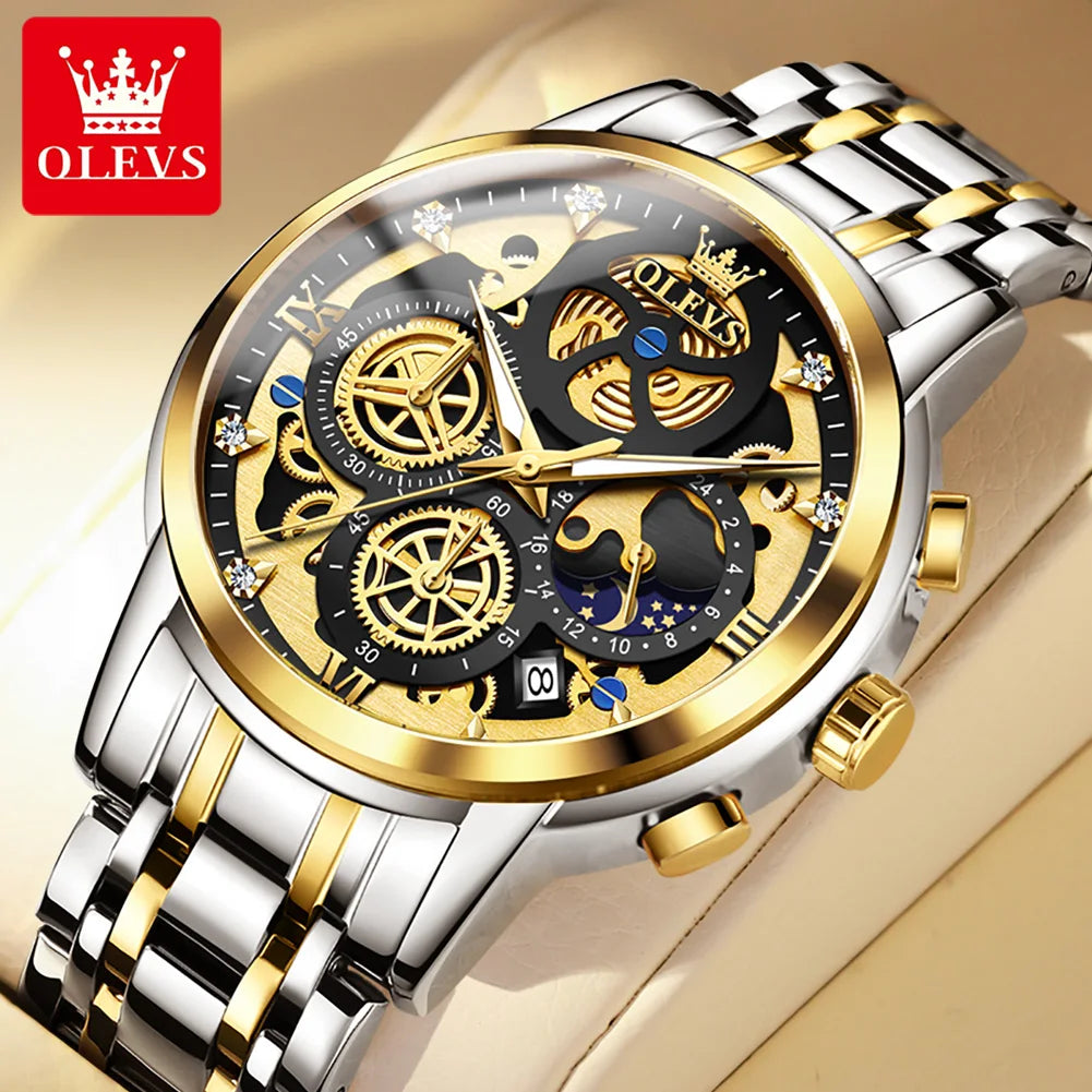 Olevs Mens Luxury Waterproof Quartz Watch Skeleton Classic