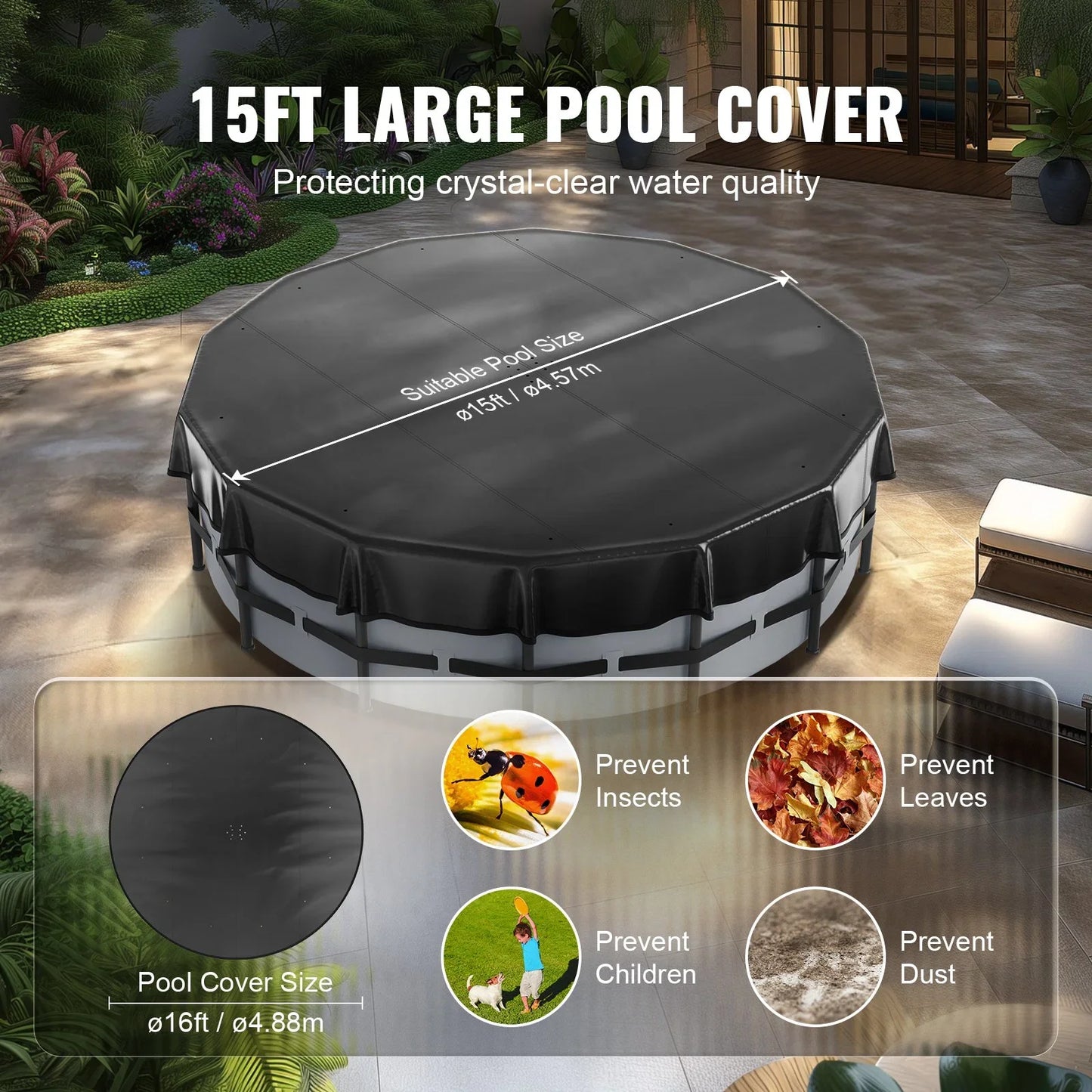 15 Ft Round Pool Cover, Solar Covers for Above Ground Pools, Safety Pool Cover with Drawstring Design, PVC Summer Pool Cover