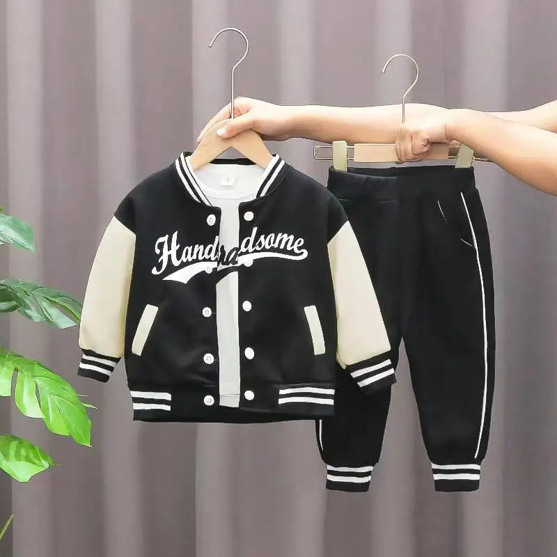 Boys Autumn Letter Jacket Set Round Neck Top Striped Pants