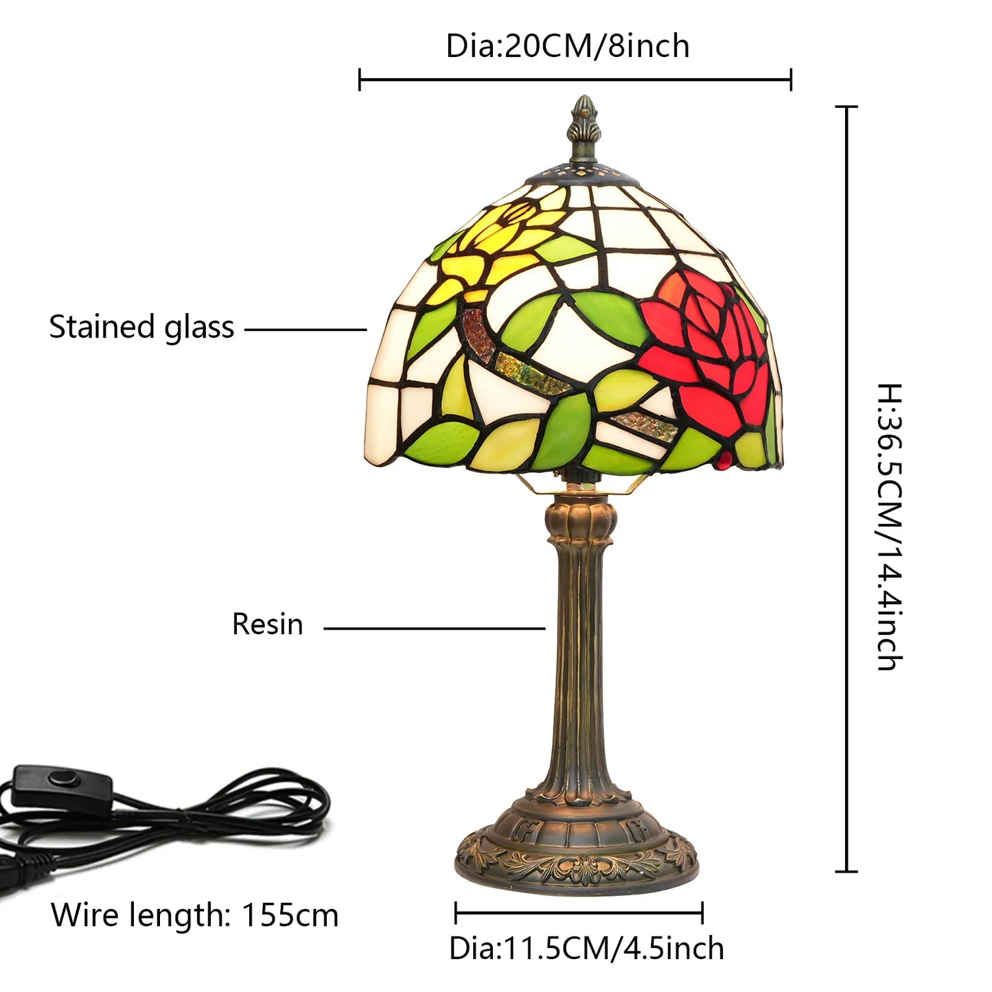 8inch 20cm Tiffany Desk Light Stained Glass Dragonfly Lampshade Bedside Table Lamp for Bedroom Living Room Lampara Mesita Noche