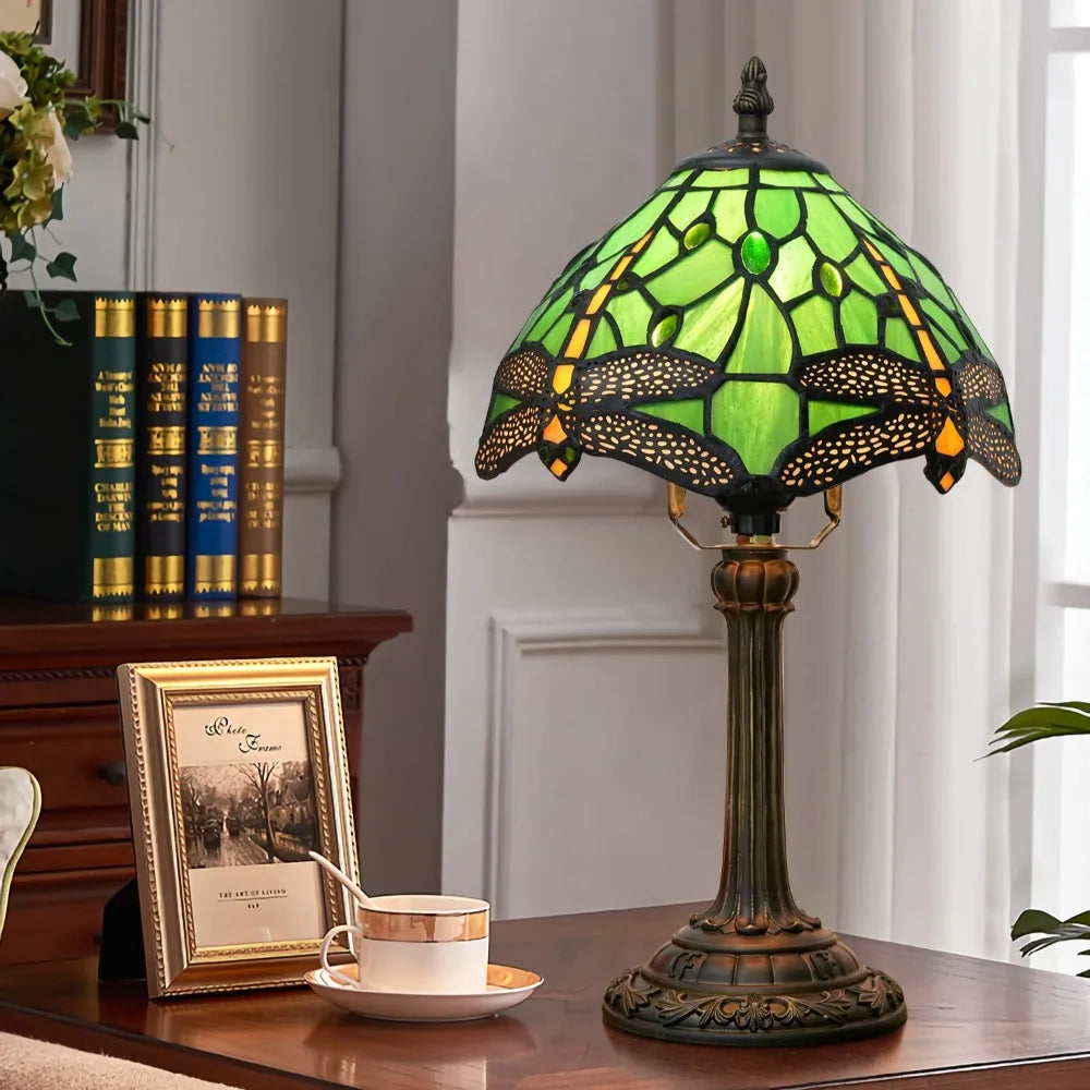 8inch 20cm Tiffany Desk Light Stained Glass Dragonfly Lampshade Bedside Table Lamp for Bedroom Living Room Lampara Mesita Noche