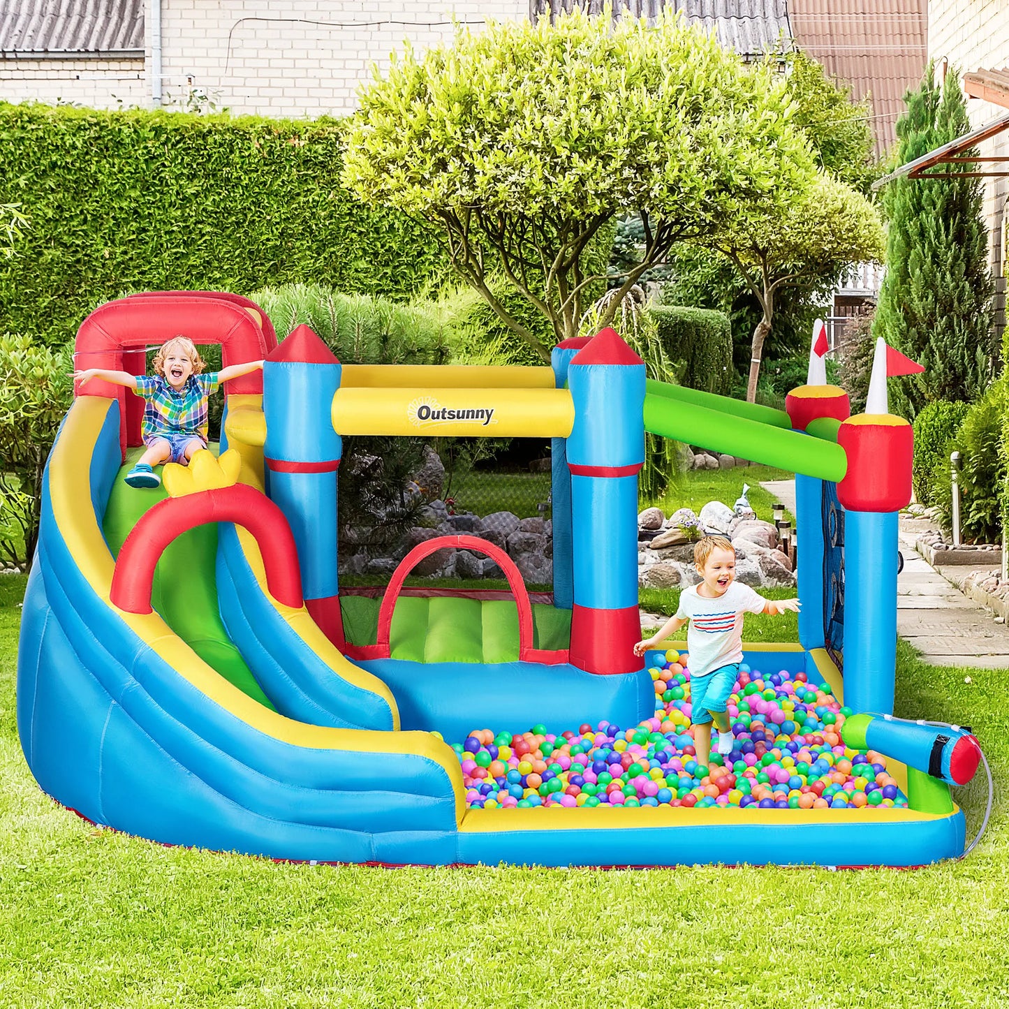 6-in-1 Inflatable Bounce House Outdoor Toy with Water Slide for Kids