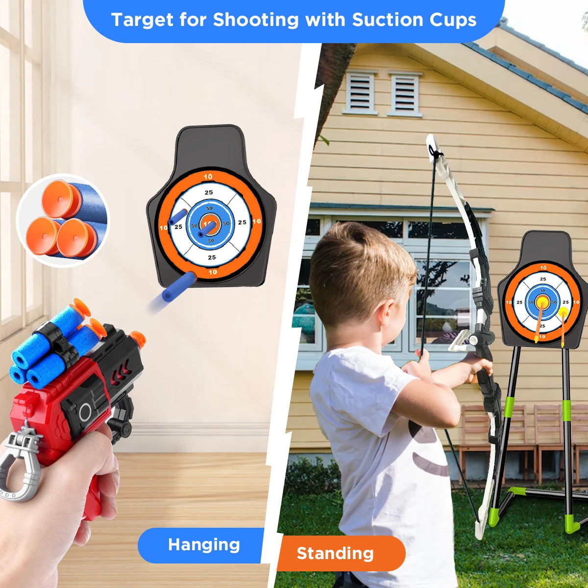 VATOS 2X Bow Arrow + Guns Toy For Kids LED Light Up Archery with Suction Cup Stand Target Dart Board Indoor Outdoor Game Toys