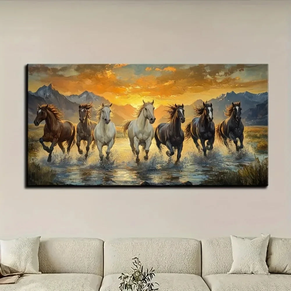 Feng Shui Seven Horses Canvas Wall Art Frame Waterproof