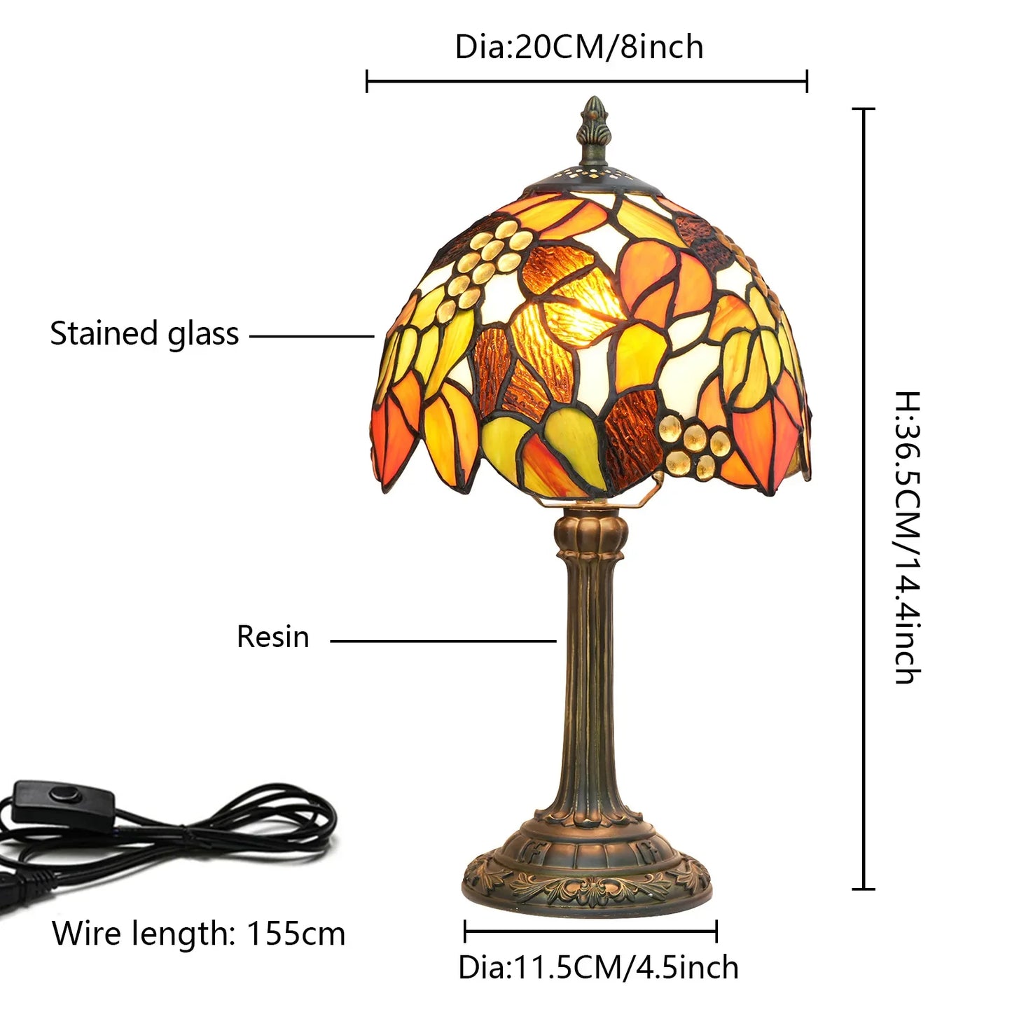 8inch 20cm Tiffany Desk Light Stained Glass Dragonfly Lampshade Bedside Table Lamp for Bedroom Living Room Lampara Mesita Noche