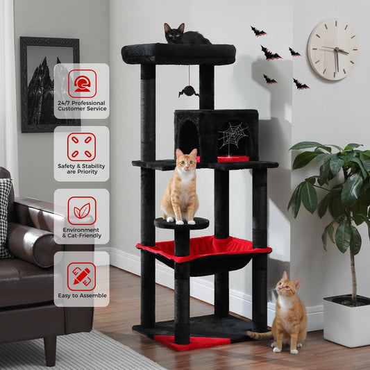 Gothic Cat Tree for Indoor Cats, Tall Cat Tower with Super Large Hammock, Sisal Covered Scratching Post Cozy Condo Top Perch