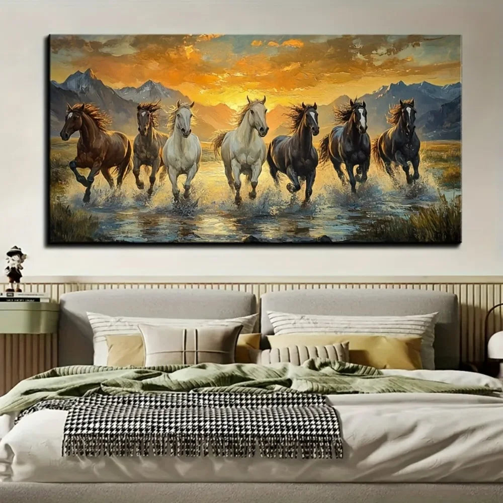 Feng Shui Seven Horses Canvas Wall Art Frame Waterproof