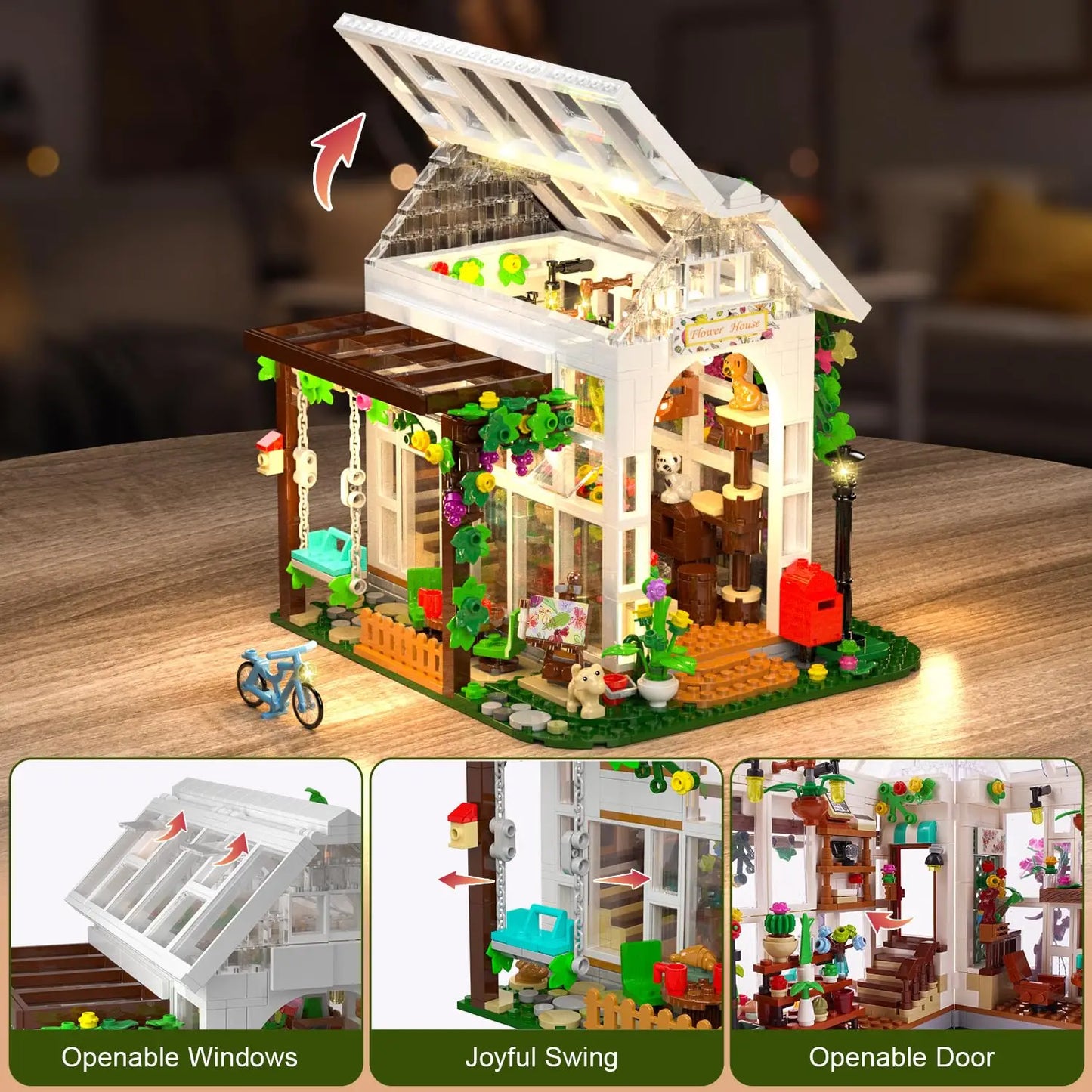 HOGOKIDS Flower House Building Set with LED-Toy with Flowers  Plants Parrot Cat Animals Playset Greenhouse Gift for Adults Teens