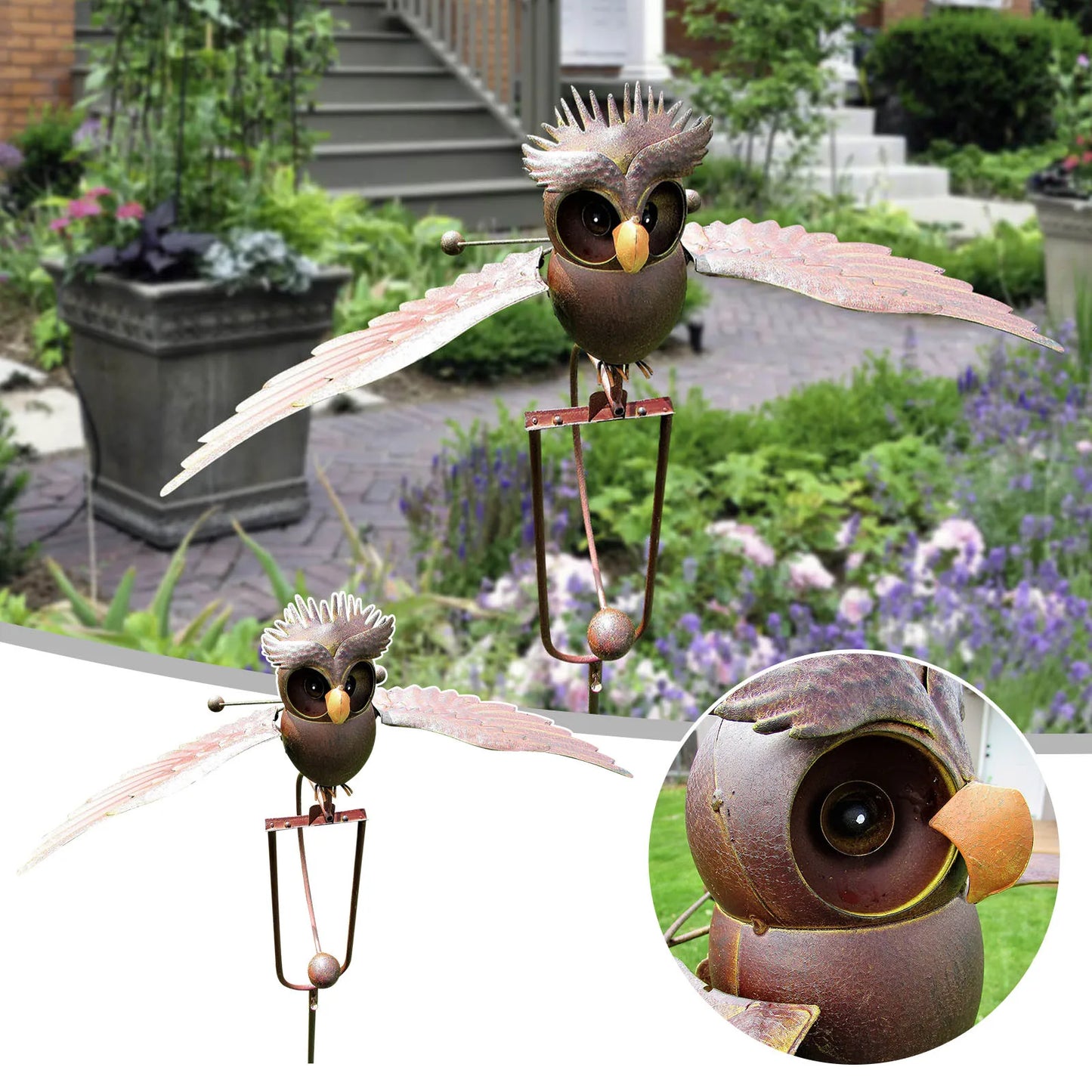 Flapping Metal Owl Yard Stake Wind Whirly Garden Ornament