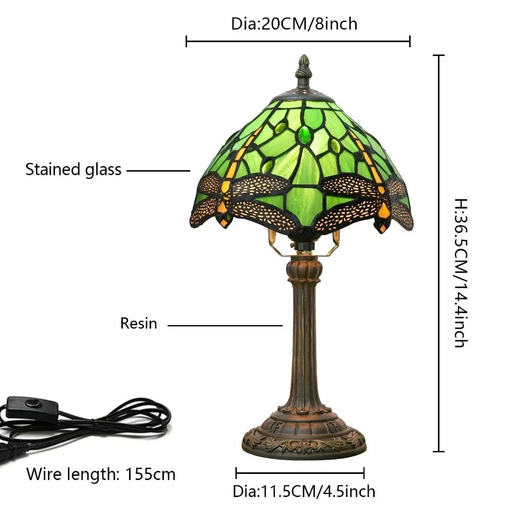 8inch 20cm Tiffany Desk Light Stained Glass Dragonfly Lampshade Bedside Table Lamp for Bedroom Living Room Lampara Mesita Noche