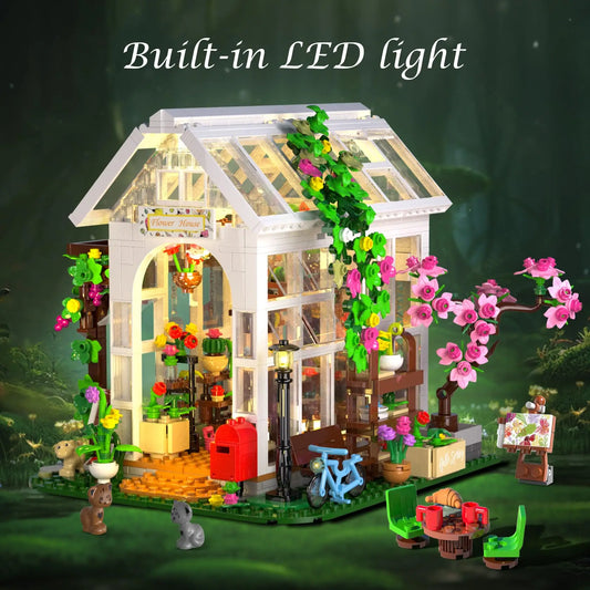 HOGOKIDS Flower House Building Set with LED-Toy with Flowers  Plants Parrot Cat Animals Playset Greenhouse Gift for Adults Teens