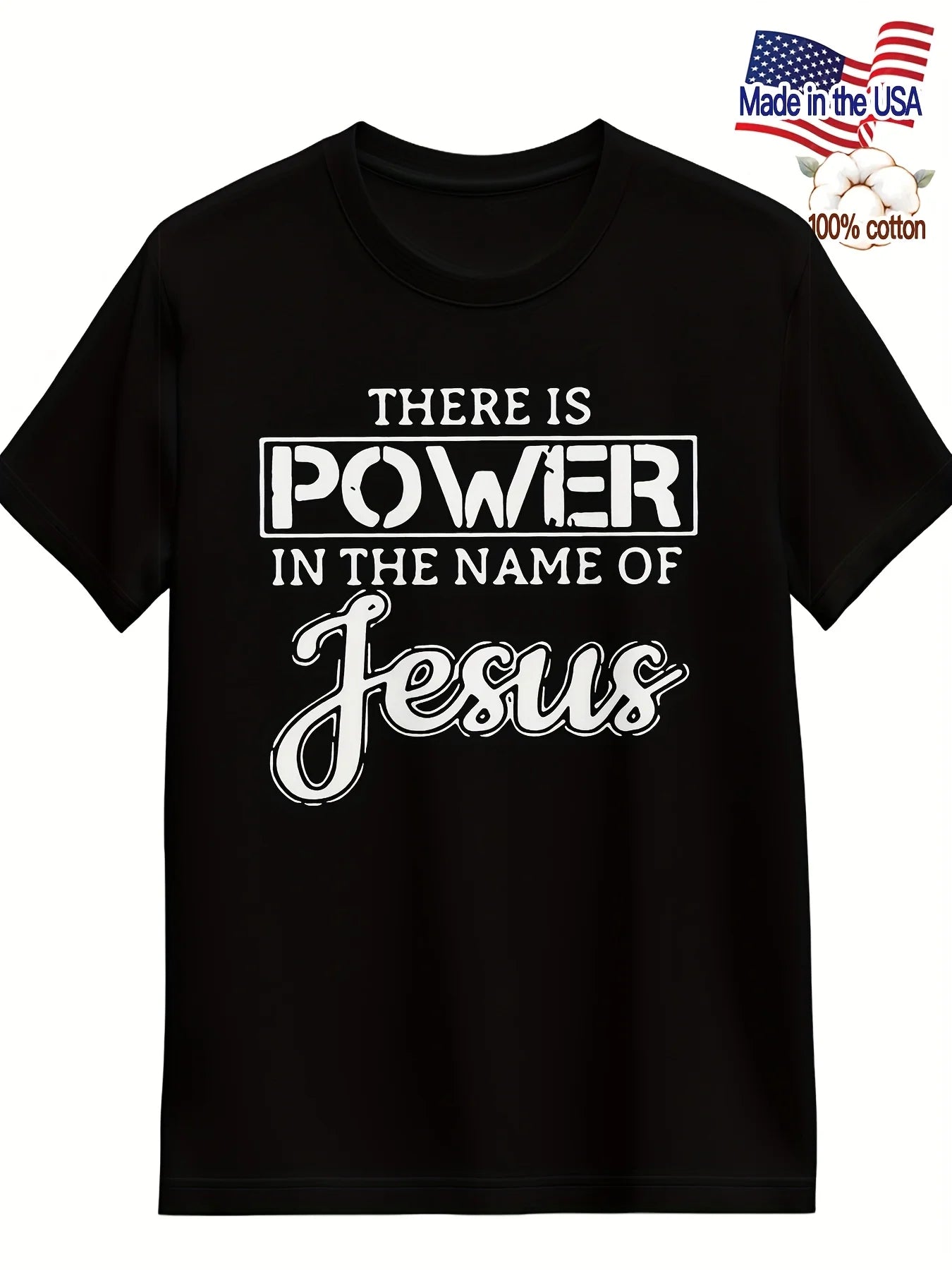 Jesus Print Men's Round Neck Short Sleeved Casual Fashion T-shirt, Suitable for All Seasons, Black Cotton T-shirt