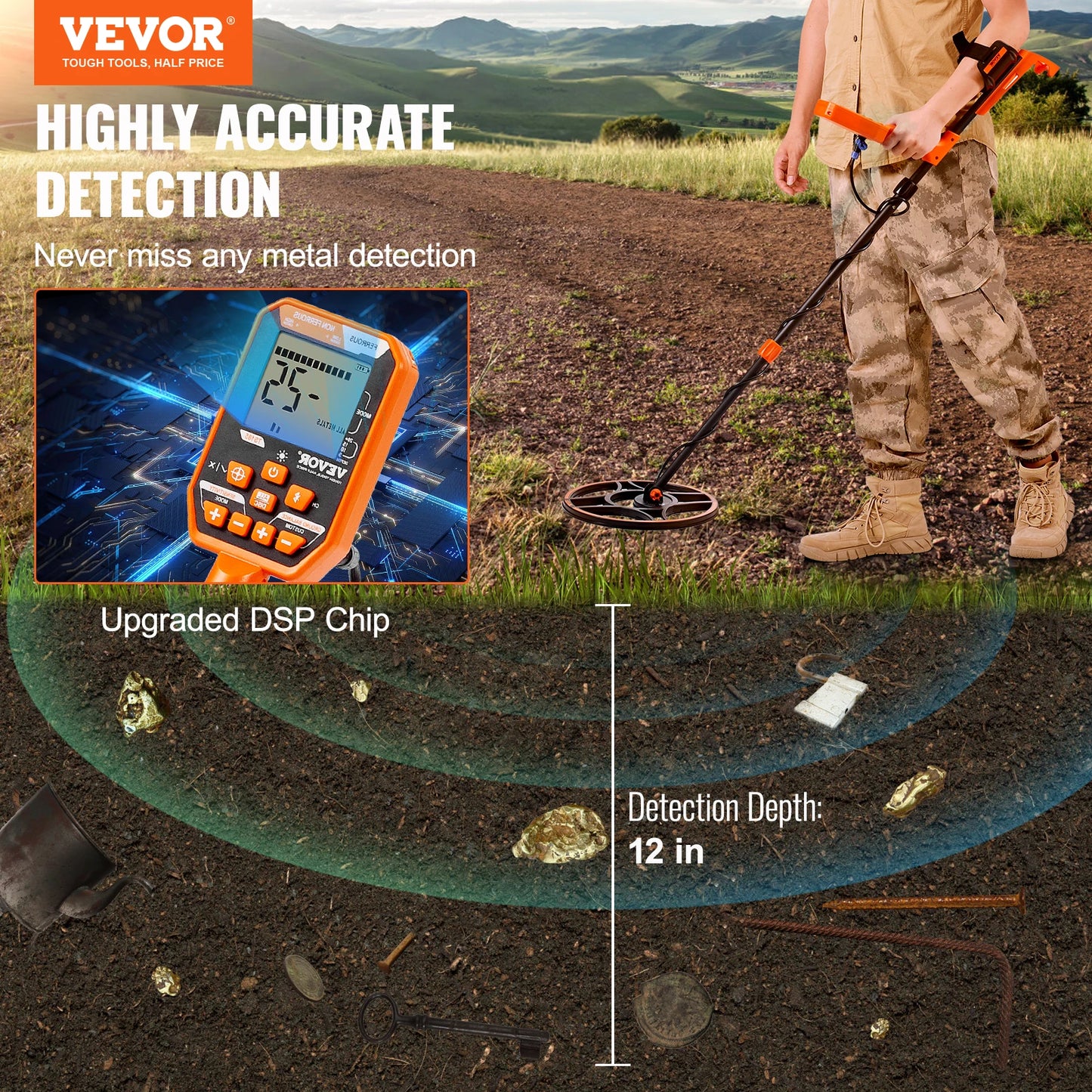 VEVOR Professional Rechargeable Metal Detector 12 Inch Waterproof Coil Adjustable 39-50 Inches with LCD 7 Modes for Treasure Hunting