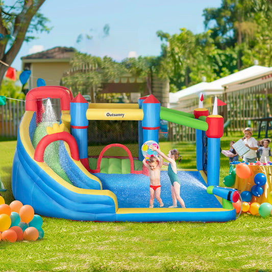 6-in-1 Inflatable Bounce House Outdoor Toy with Water Slide for Kids