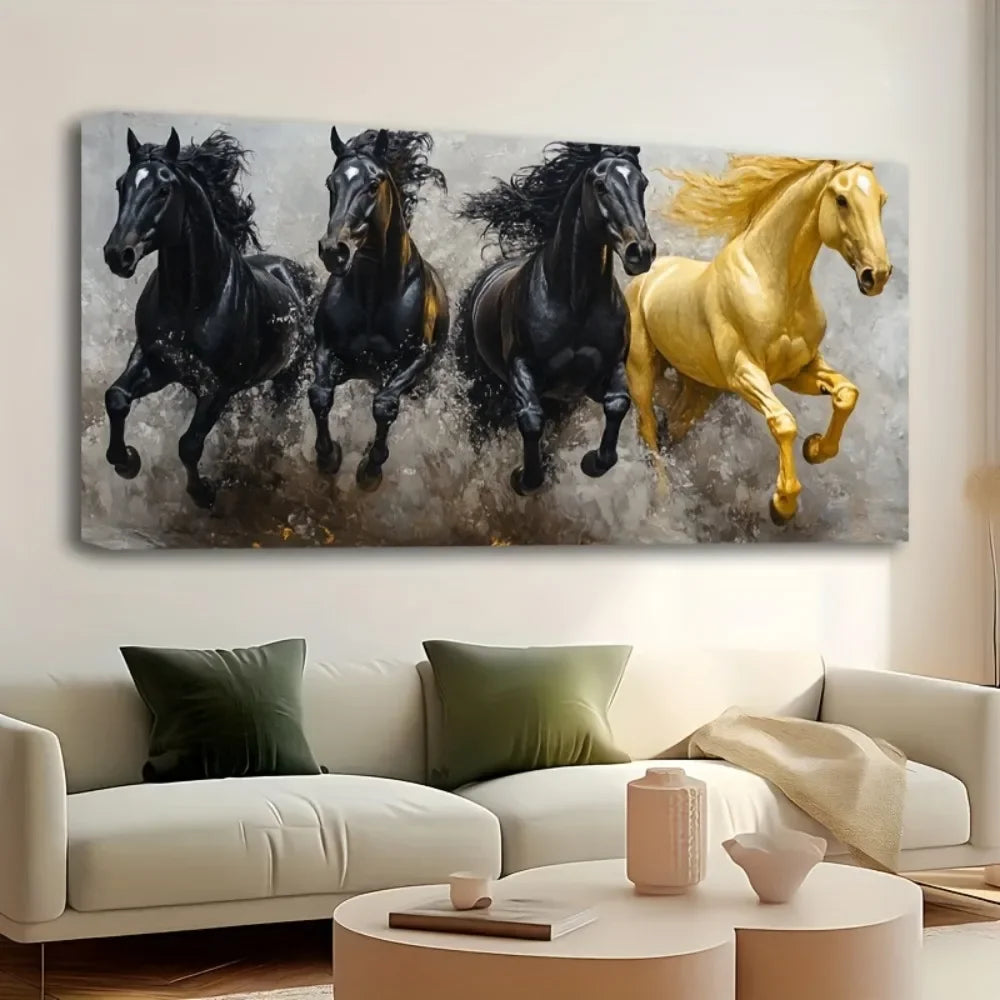 Majestic Eight Running Horses Canvas Art Pine Frame