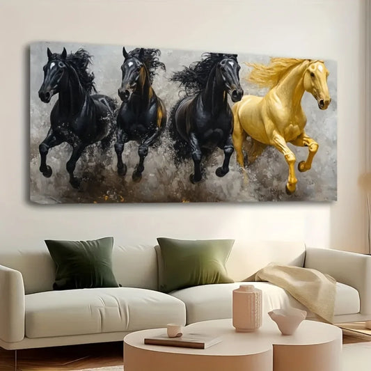 Majestic Eight Running Horses Canvas Art Pine Frame