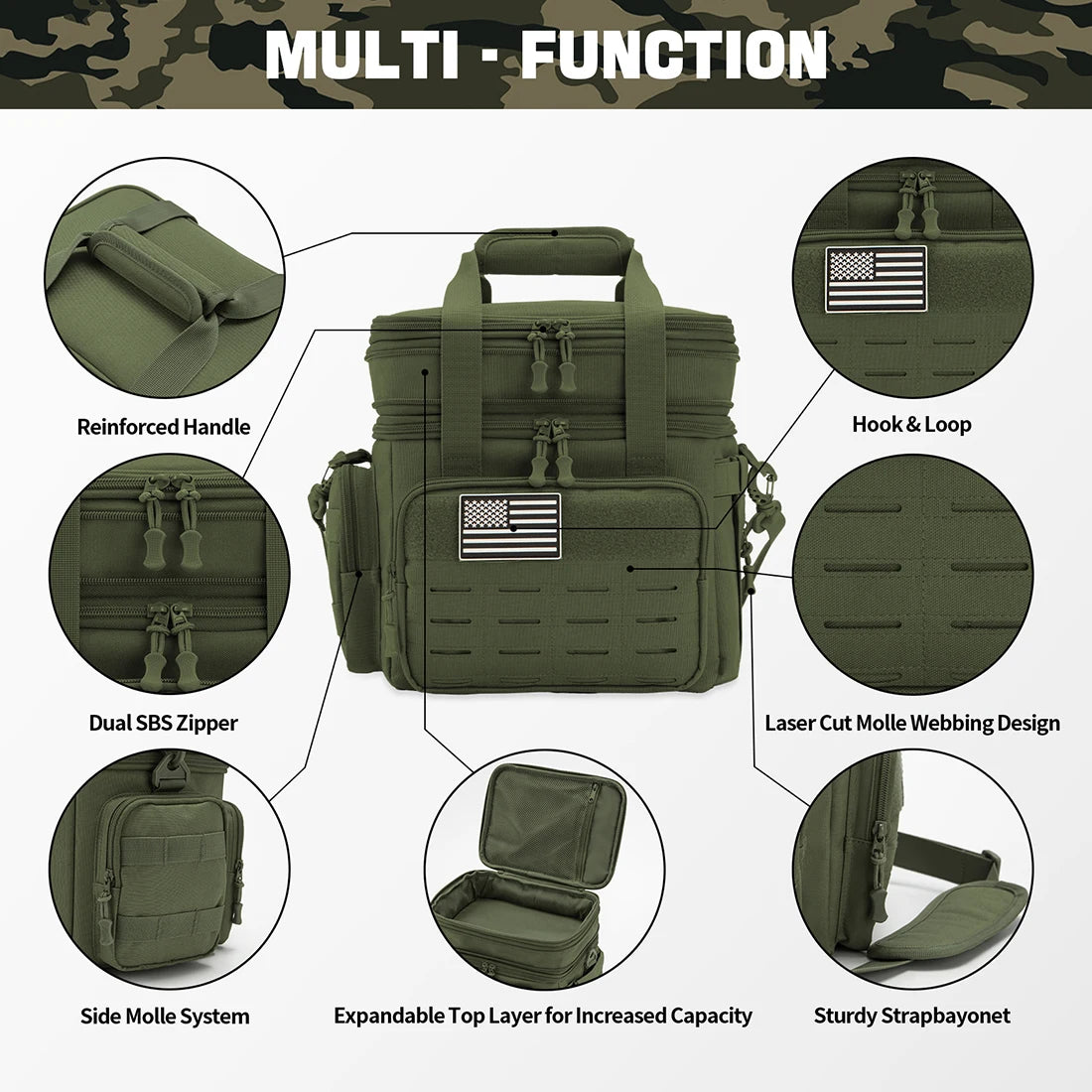 Expandable Tactical Lunch Box Heavy Duty Insulated Cooler Bag With MOLLE Webbing