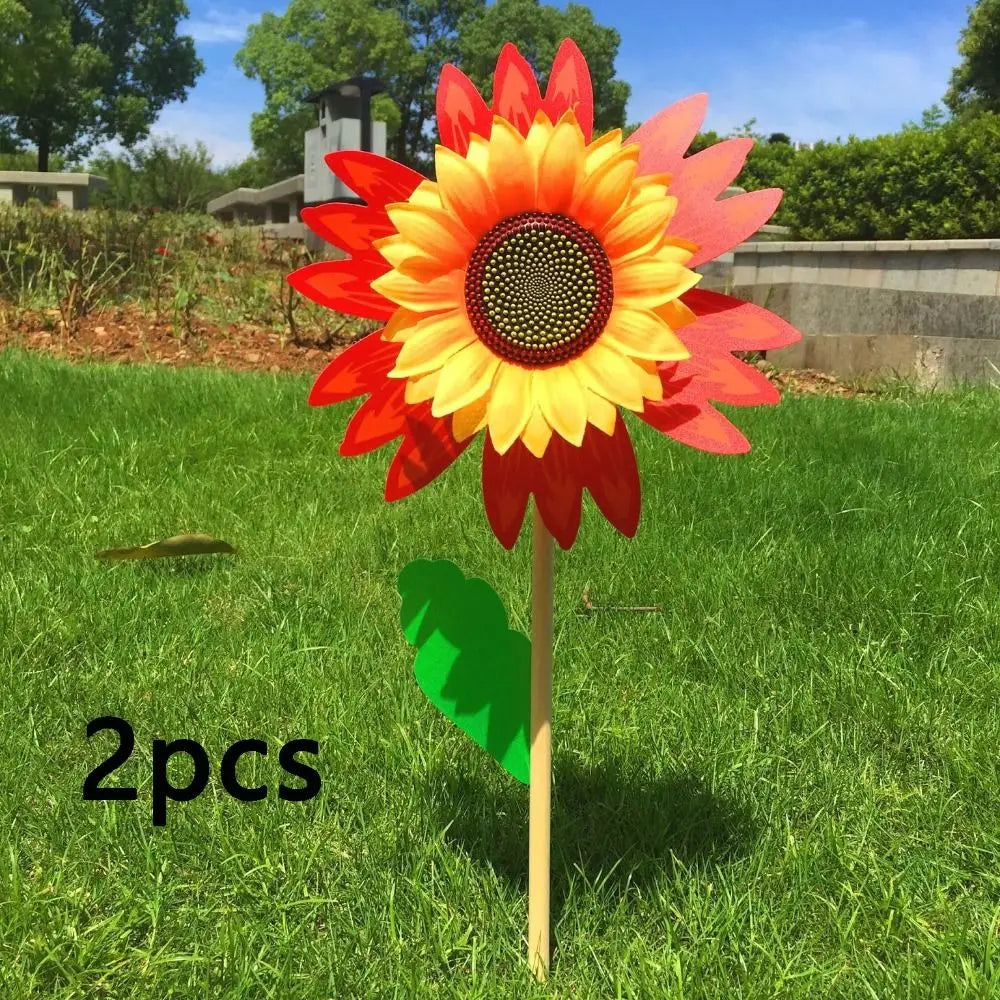 Colorful Sunflower Windmill Wind Turbine Wooden Pole Plug-in Windmill Camping Picnic Lawn Party Decoration