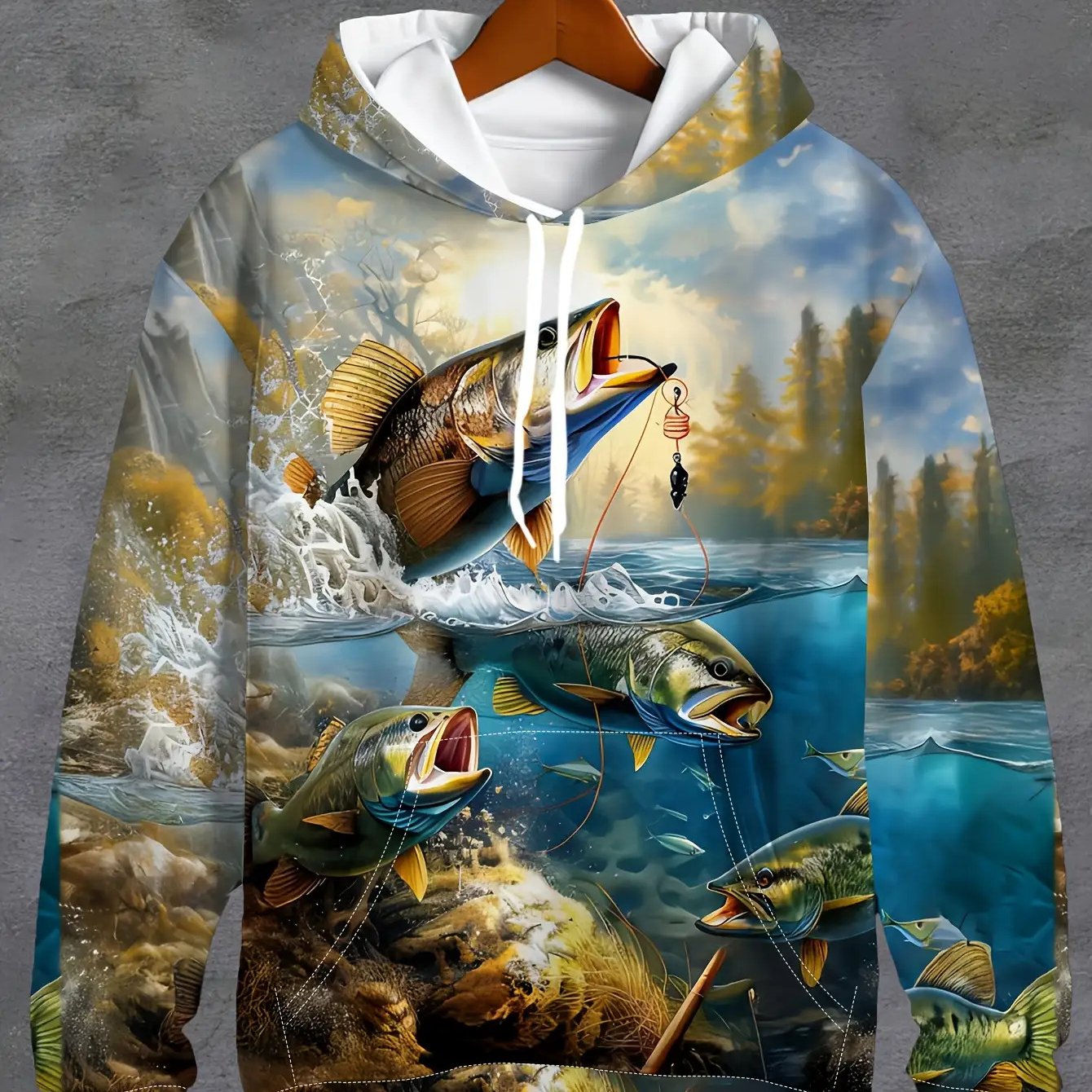 Men's Fishing Hoodie Realistic Jumping Fish Sweatshirt