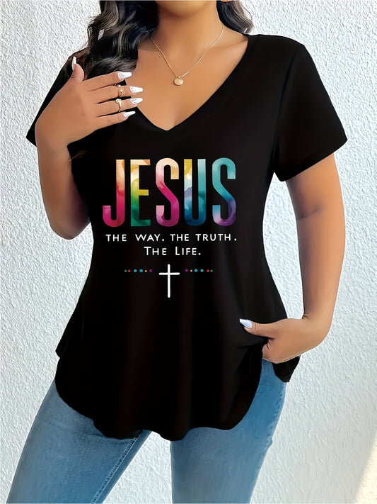 Womens Vneck Short Sleeve Tshirt With Stretch Fabric And Letter Print Cross