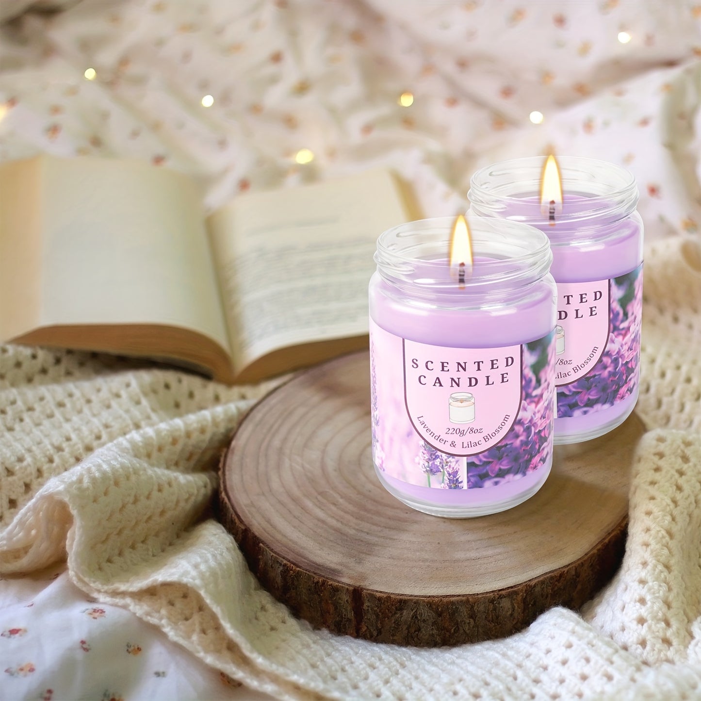 Two Purple Glass Jars Scented Candles Gift Set Elegant