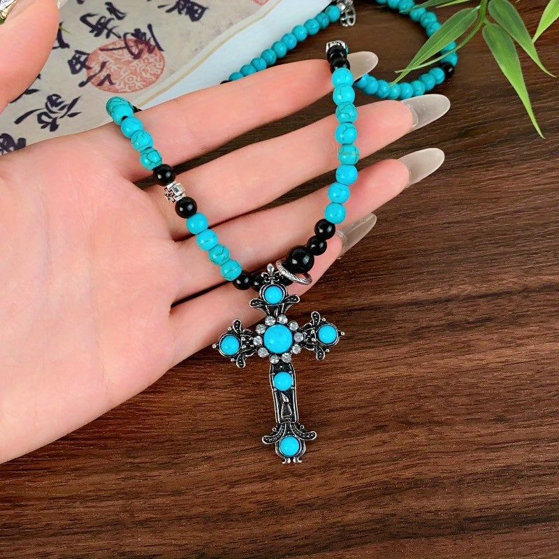Women'S Turquoise Cross Beaded Necklace - Elegant Religious Jewelry with Cross Pendant, Everyday & Party Necklace for Valentine'S Gift, Birthday, Anniversary - Year-Round Layering Chain for Women, Special Occasion Accessory,