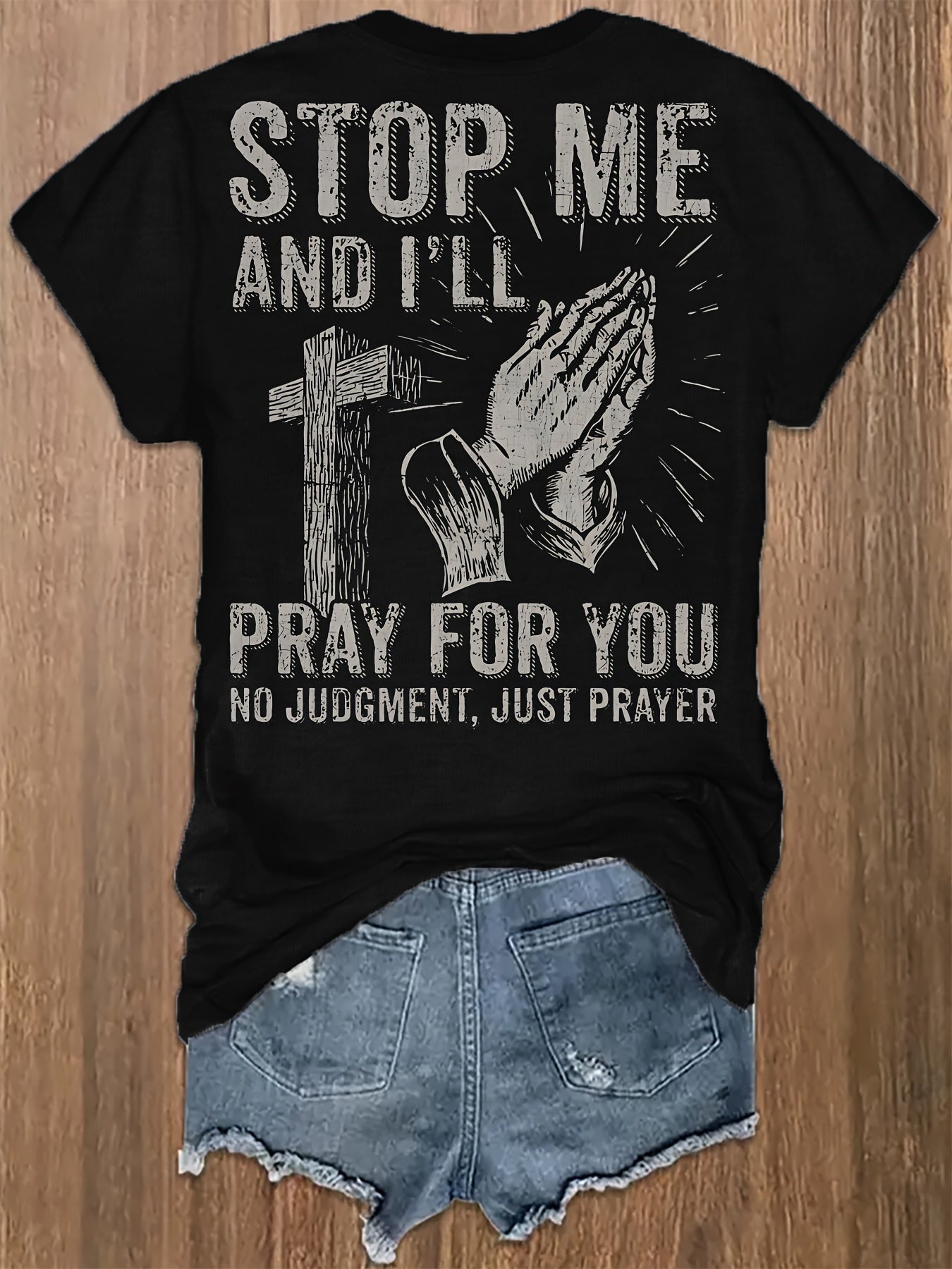 Womens Christian Faith Graphic Tee Cross Prayer Hands
