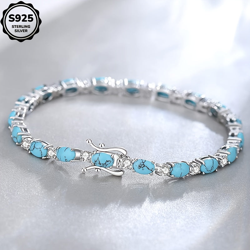 925 Sterling Silver Turquoise Tennis Bracelet, High-quality Jewelry for Women, Handcrafted, Birthday Stone Bracelet, Mother'S Day Gift for Mom, Anniversary Gift, Banquets And Exquisite Jewelry Boxes, Accessories for Women Bra