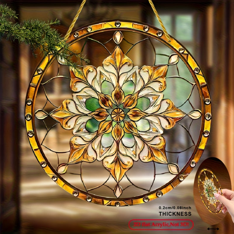 Bohemian Golden Flower Acrylic Sun Catcher Round Indoor Outdoor Wall Decor