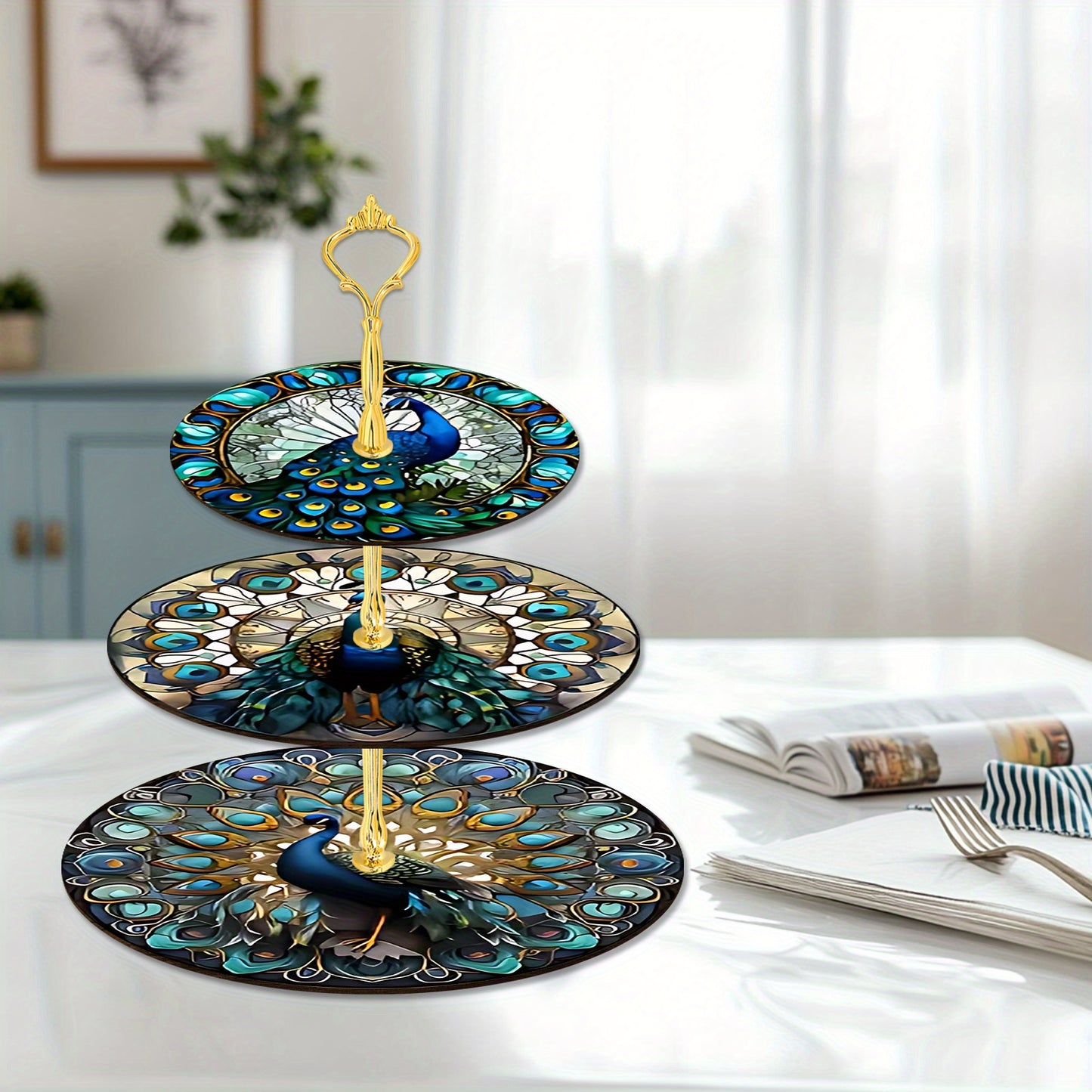3 Tier Peacock Theme Wooden Display Tray For Weddings