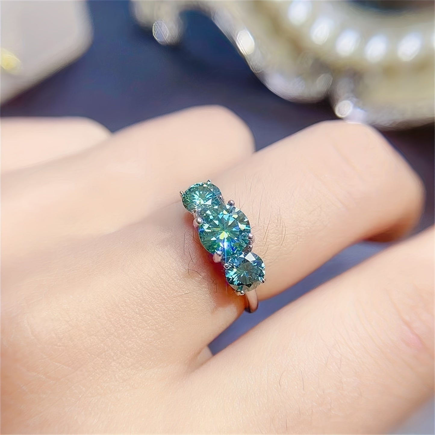 Vintage Moissanite Ring 925 Silver Three Stone Engagement