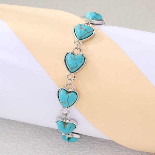 Women's Bohemian Bracelet - Turquoise Heart Charm Jewelry, Everyday & Party Jewelry Gift for Women - Bohemian Chain Link Design Year-Round Elegant Accessory