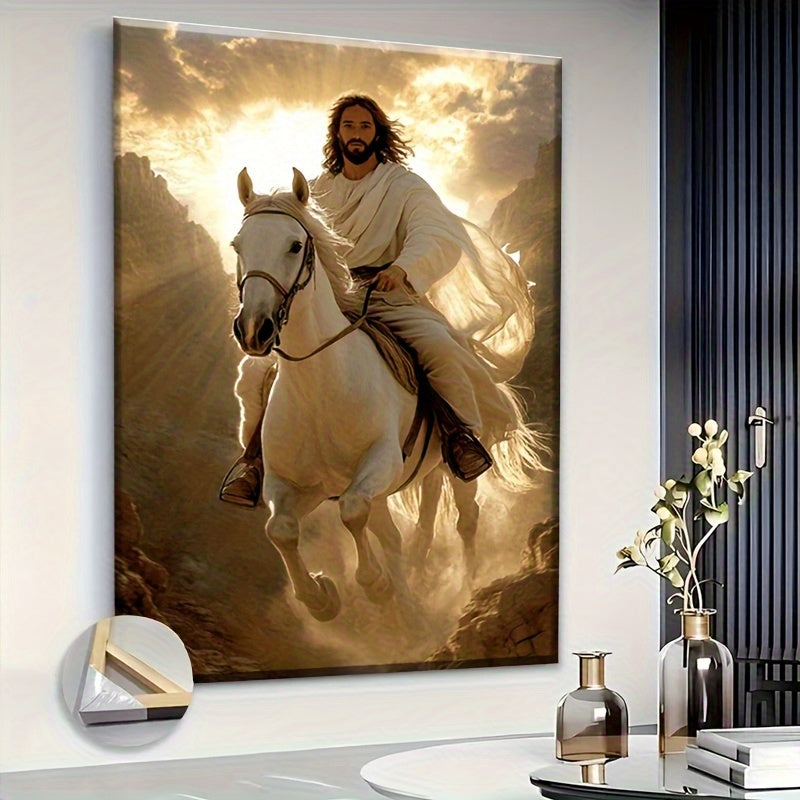 Majestic Jesus On White Horse Canvas Art Print With Frame
