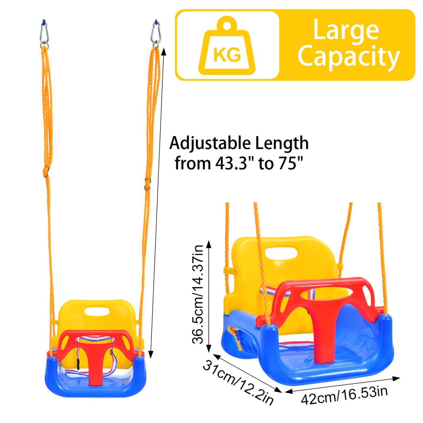 3 In 1 Kids Swing Seat With Adjustable Ropes And Strap