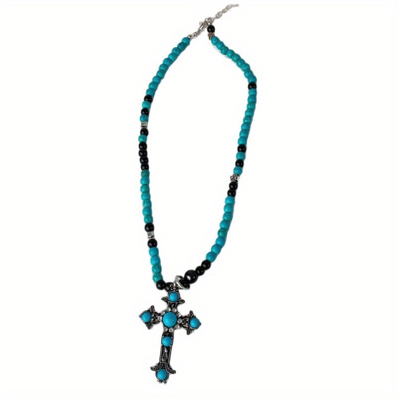 Women'S Turquoise Cross Beaded Necklace - Elegant Religious Jewelry with Cross Pendant, Everyday & Party Necklace for Valentine'S Gift, Birthday, Anniversary - Year-Round Layering Chain for Women, Special Occasion Accessory,