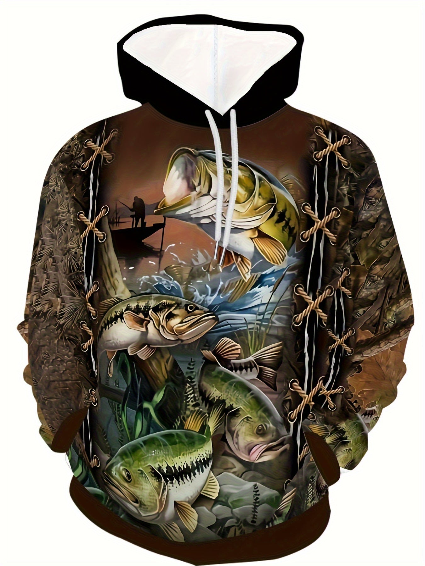 Men's Bass Fishing Graphic Hoodie Kangaroo Pocket Plus Size