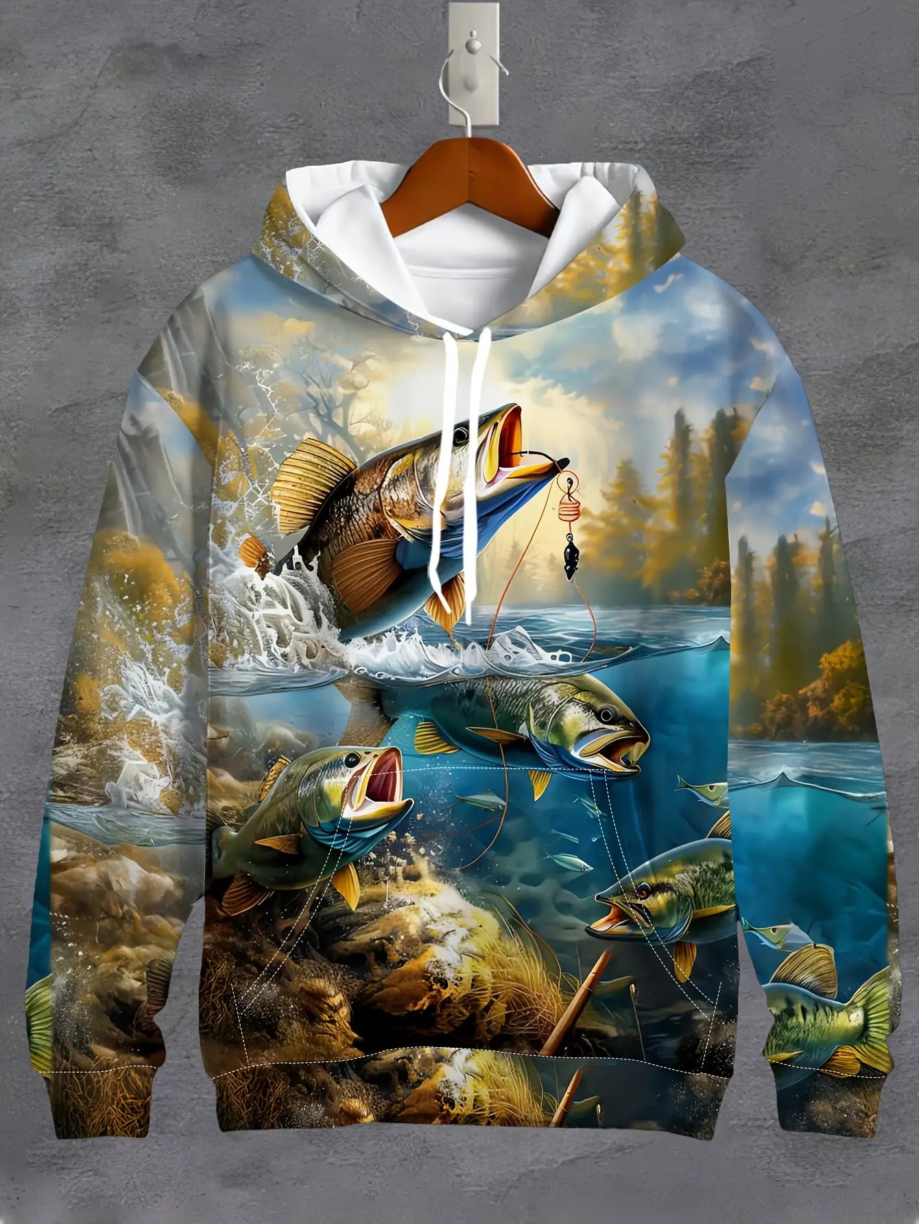 Men's Fishing Hoodie Realistic Jumping Fish Sweatshirt