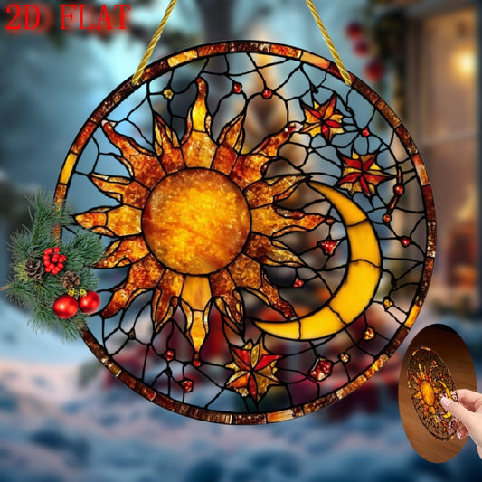 Bohemian Celestial Acrylic Suncatcher Window Hanging 8x8 Inch with Sun Moon Stars