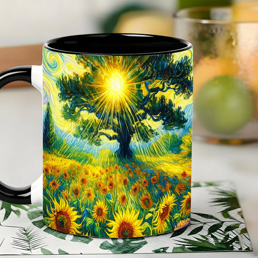 Van Gogh Inspired Sunflower And Starry Sky Ceramic Mug 11oz - Art Lover Gift