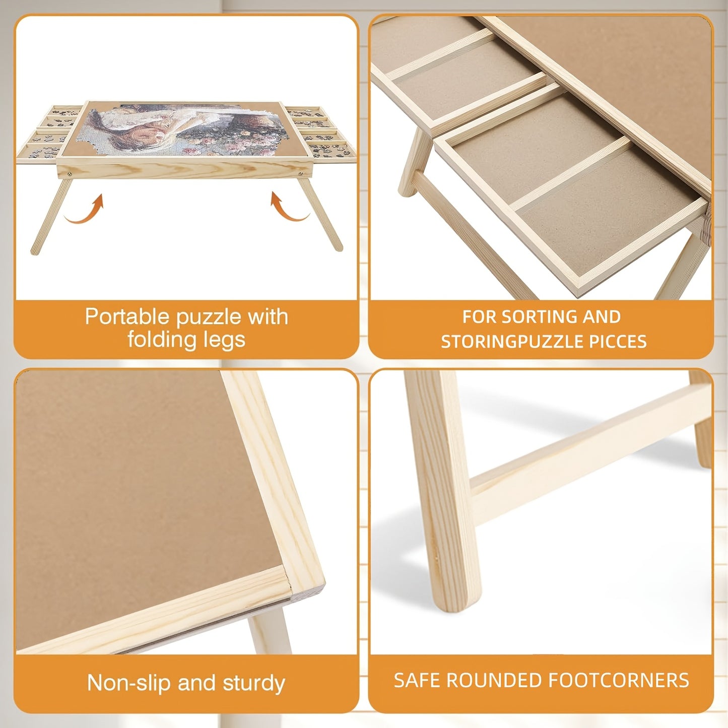 Puzzle Table with Folding Legs, Wooden Puzzle Table with 4 Drawers And 16 Grids, Portable Enlightenment Board for Storage And Sorting - 1000pcs Puzzle Table School Supplies