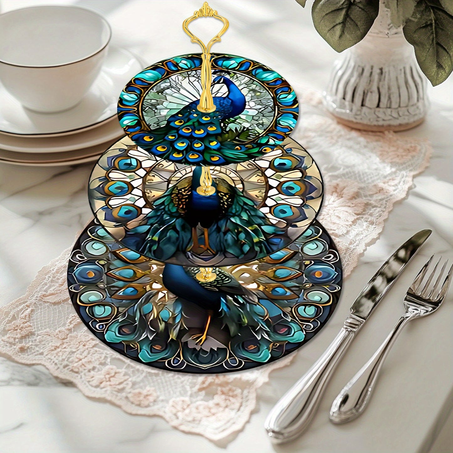 3 Tier Peacock Theme Wooden Display Tray For Weddings
