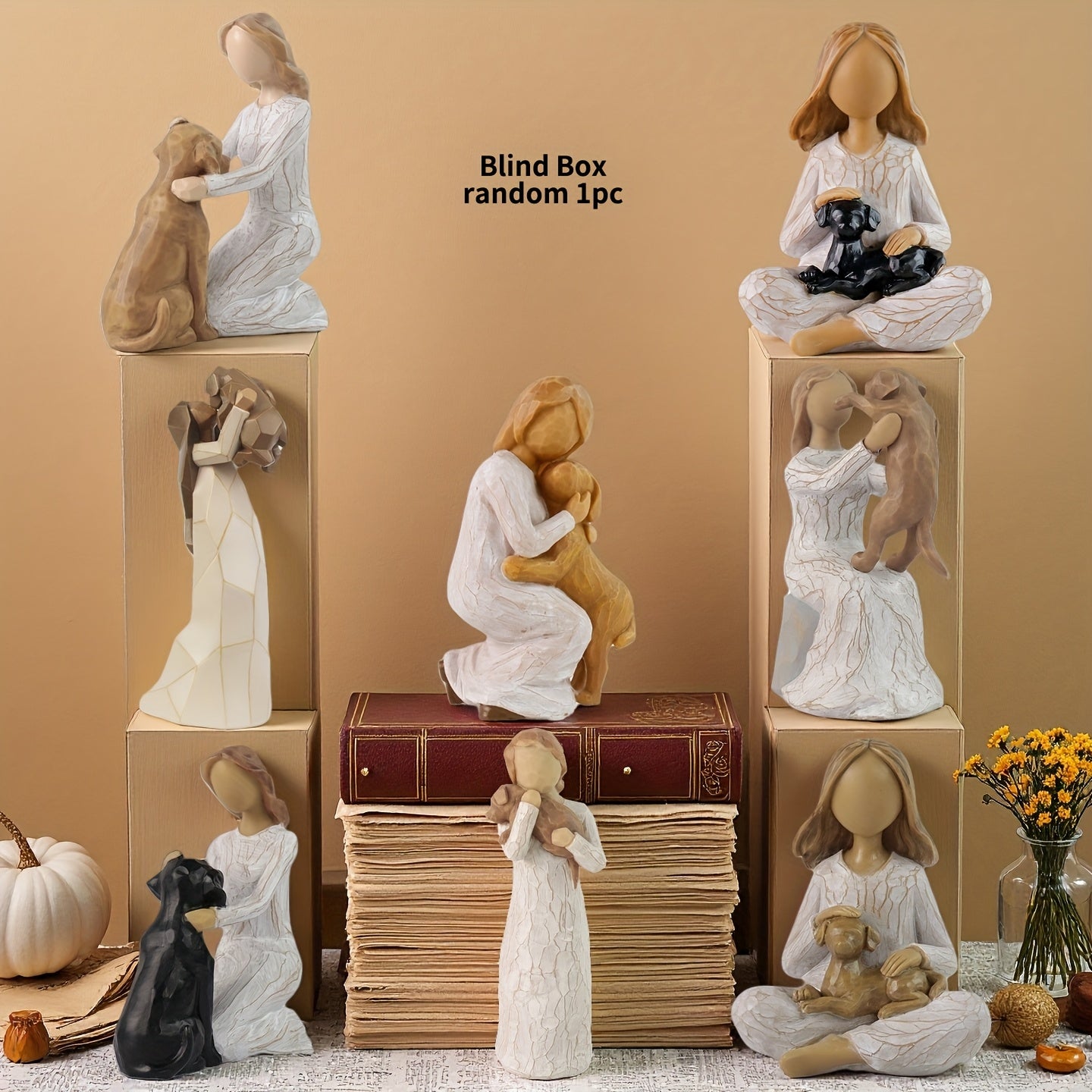 Surprise Box Woman And Dog Statue Hand Painted Resin Sculpture Desk Decor Gift