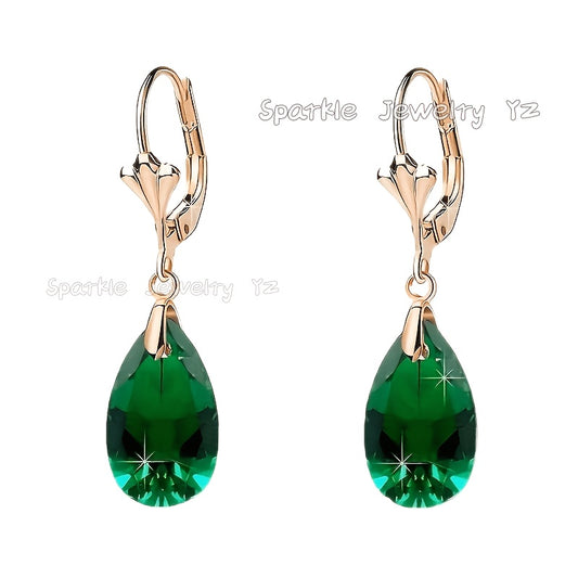 Green Crystal Drop Earrings 925 Silver Hypoallergenic