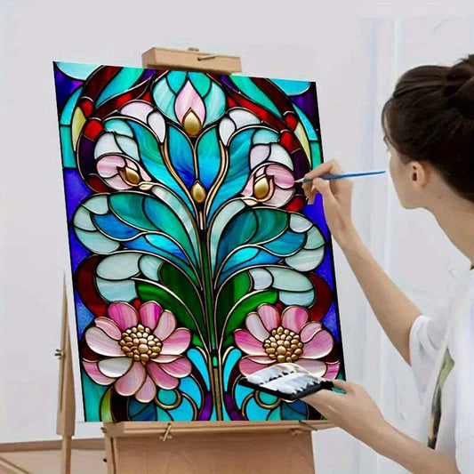 1 Set Beginner Adult Paint by Numbers Kit with Paints, Canvas & Brushes - Teal & Pink Stained Glass Floral Art with Golden Leaf Patterns, 40x50cm/15.74x19.68" Frameless Large Canvas, Pre-Printed Numbered Sections for Easy Ste