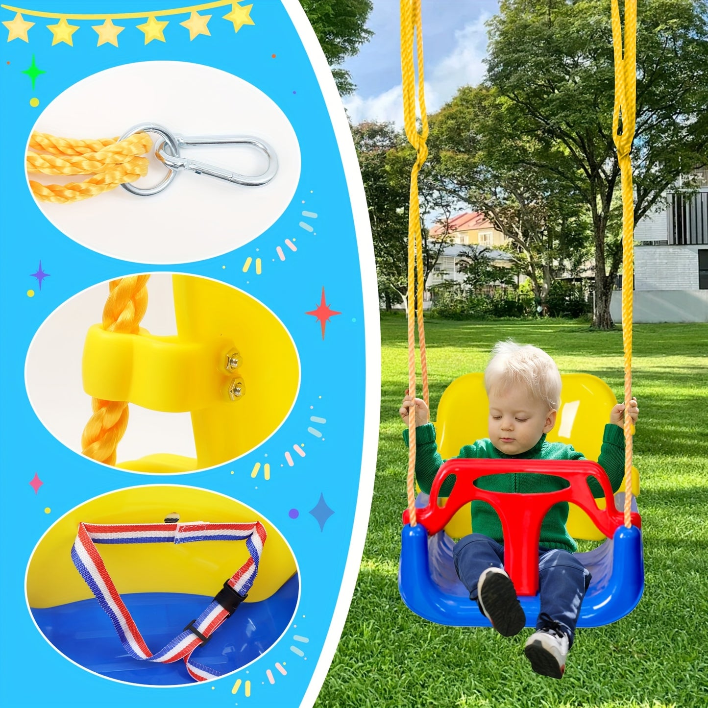 3 In 1 Kids Swing Seat With Adjustable Ropes And Strap