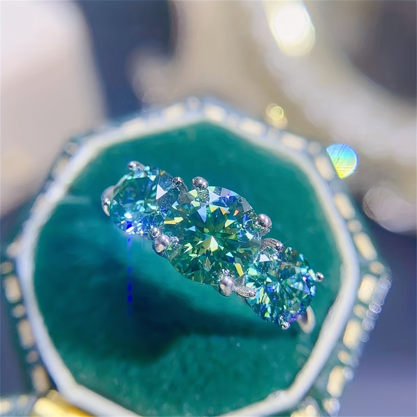 Vintage Moissanite Ring 925 Silver Three Stone Engagement