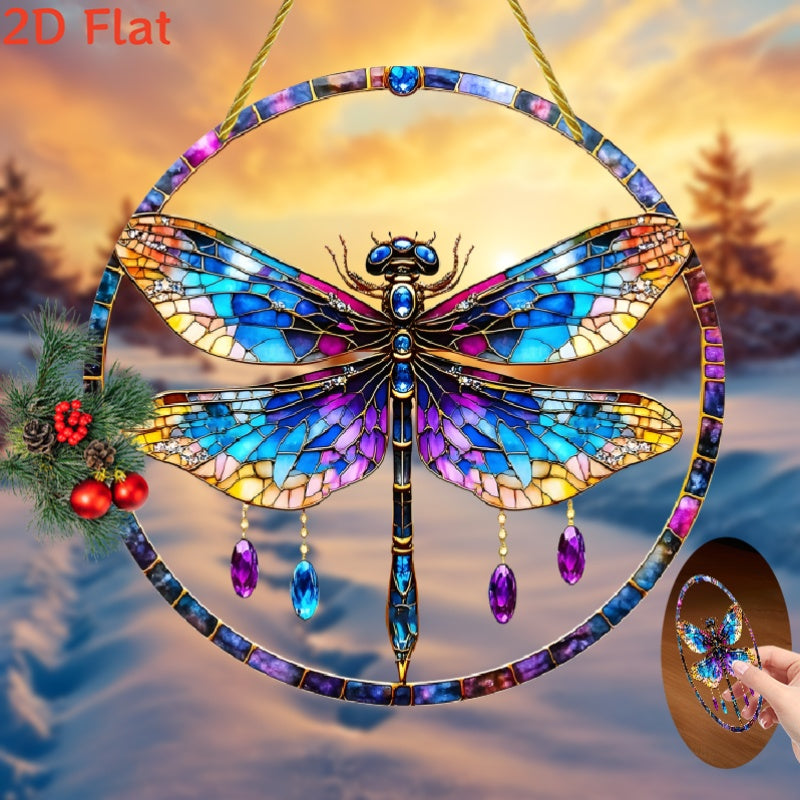 8x8 Inch Plastic Dragonfly Suncatcher Hanging Ornament With Golden Accents